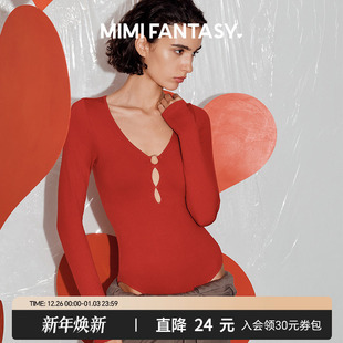 mimi fantasy低胸深V领上衣带胸垫红色辣妹性感连体轻塑身显瘦T恤
