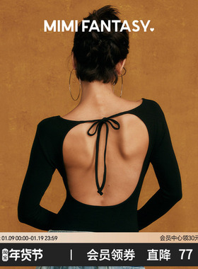 mimi fantasy露背长袖连体衣女春秋外穿跳舞舞蹈服黑色性感上衣