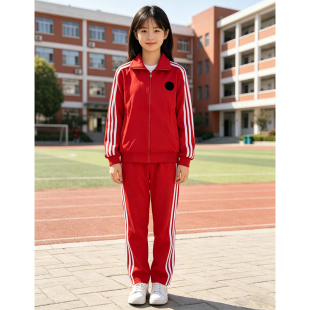 春秋运动服套装三条杠淮南英才同款男女通用校服班服休闲红色套装