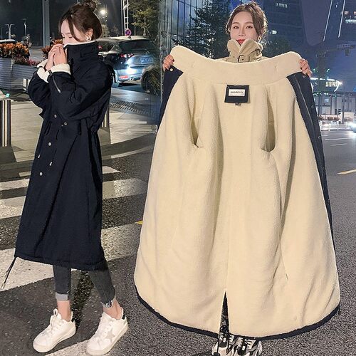 加绒加厚羊羔毛外套女2026冬季棉服中长款过膝韩版宽松棉袄派克服