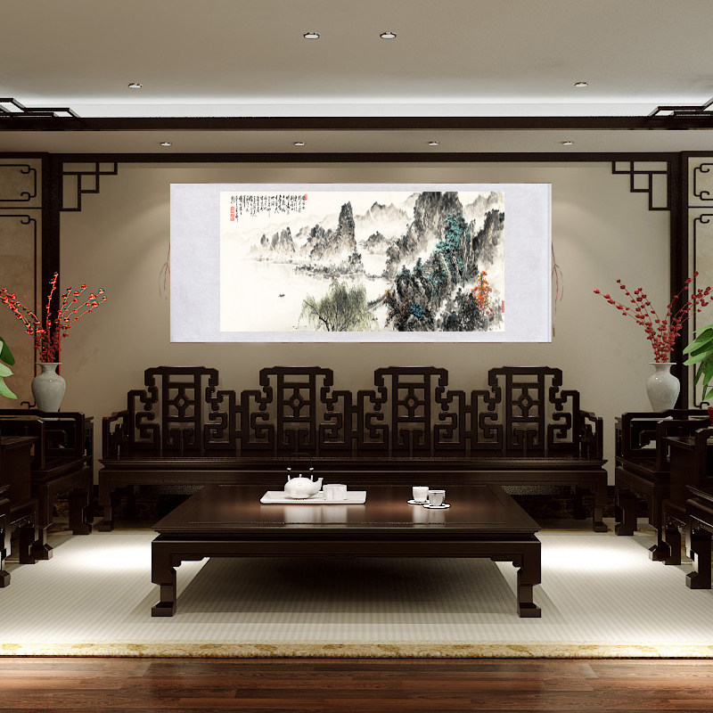国画山水横幅水墨画借问西湖图复制画卷轴装饰沙发背景墙客厅书房
