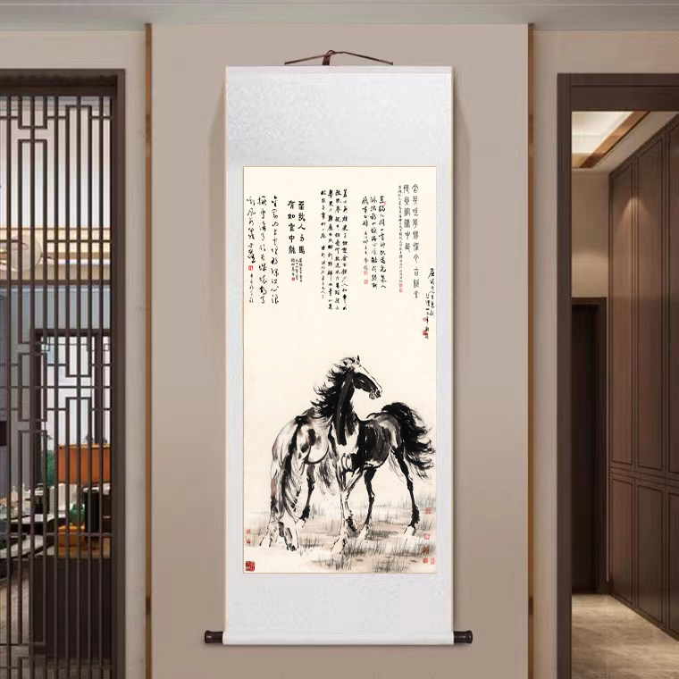 徐悲鸿双骏图山水画字画装饰画玄关挂画高清微喷宣纸卷轴复制画