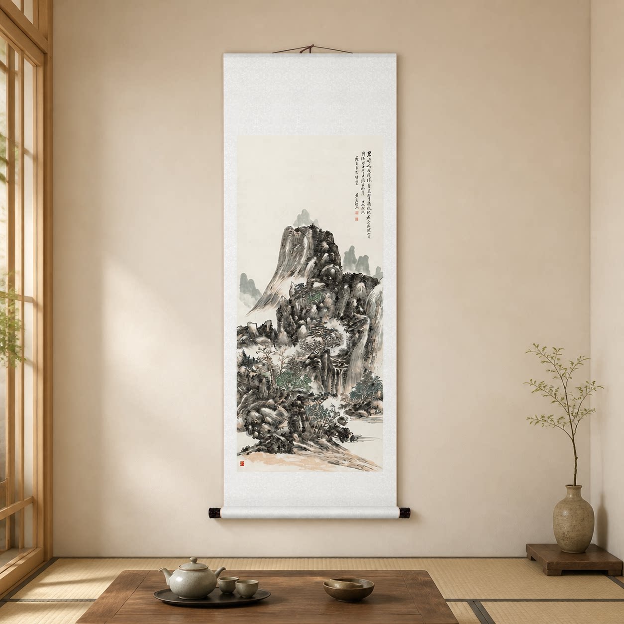 黄宾虹白云半缕出松岩字画装饰画玄关挂画高清微喷宣纸卷轴复制画