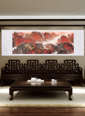 吴广《红色江山万年长》客厅墙壁茶室装饰挂画玄关山水高清横卷轴