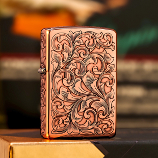 正版Zippo防风煤油打火机紫铜系列唐草蚀刻浮雕貔貅财色双收