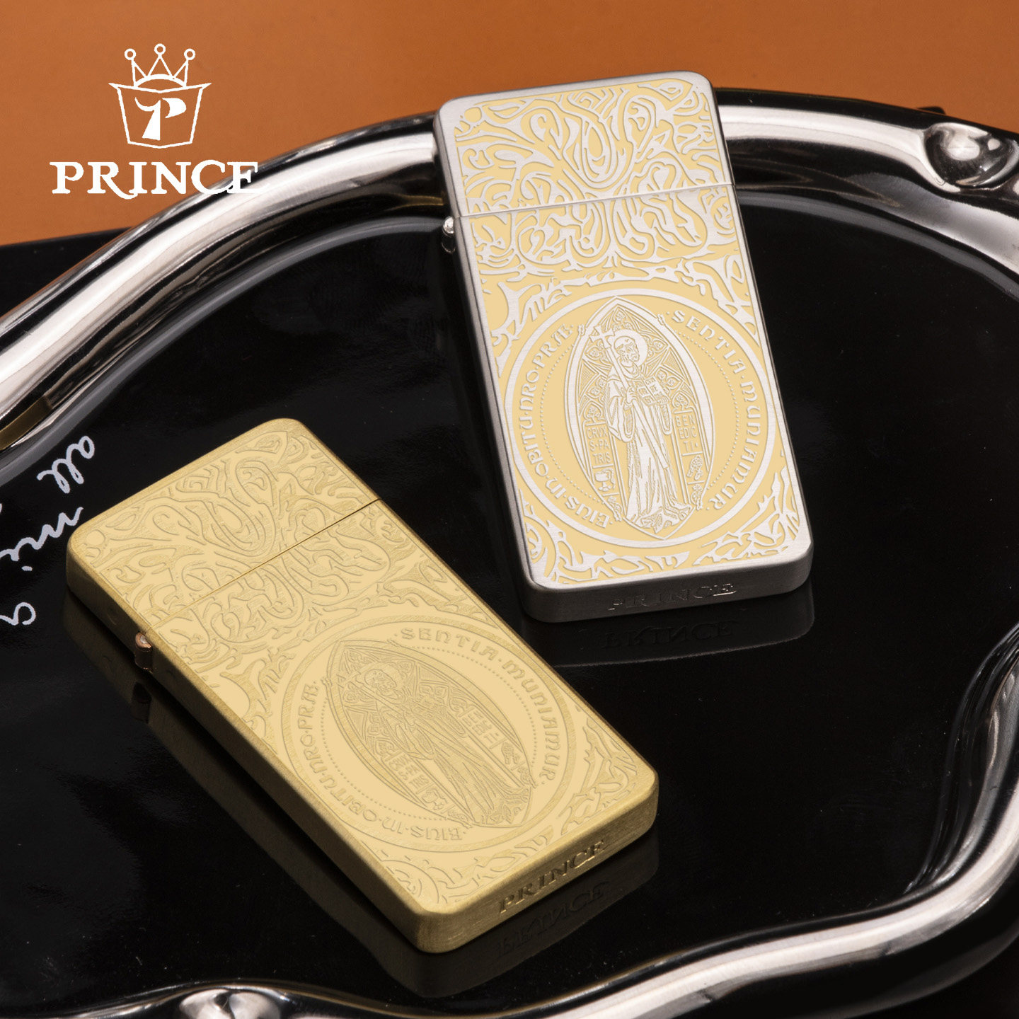 PRINCE王子复古煤油打火机金色激光精雕雕花图案防风高档收藏礼品