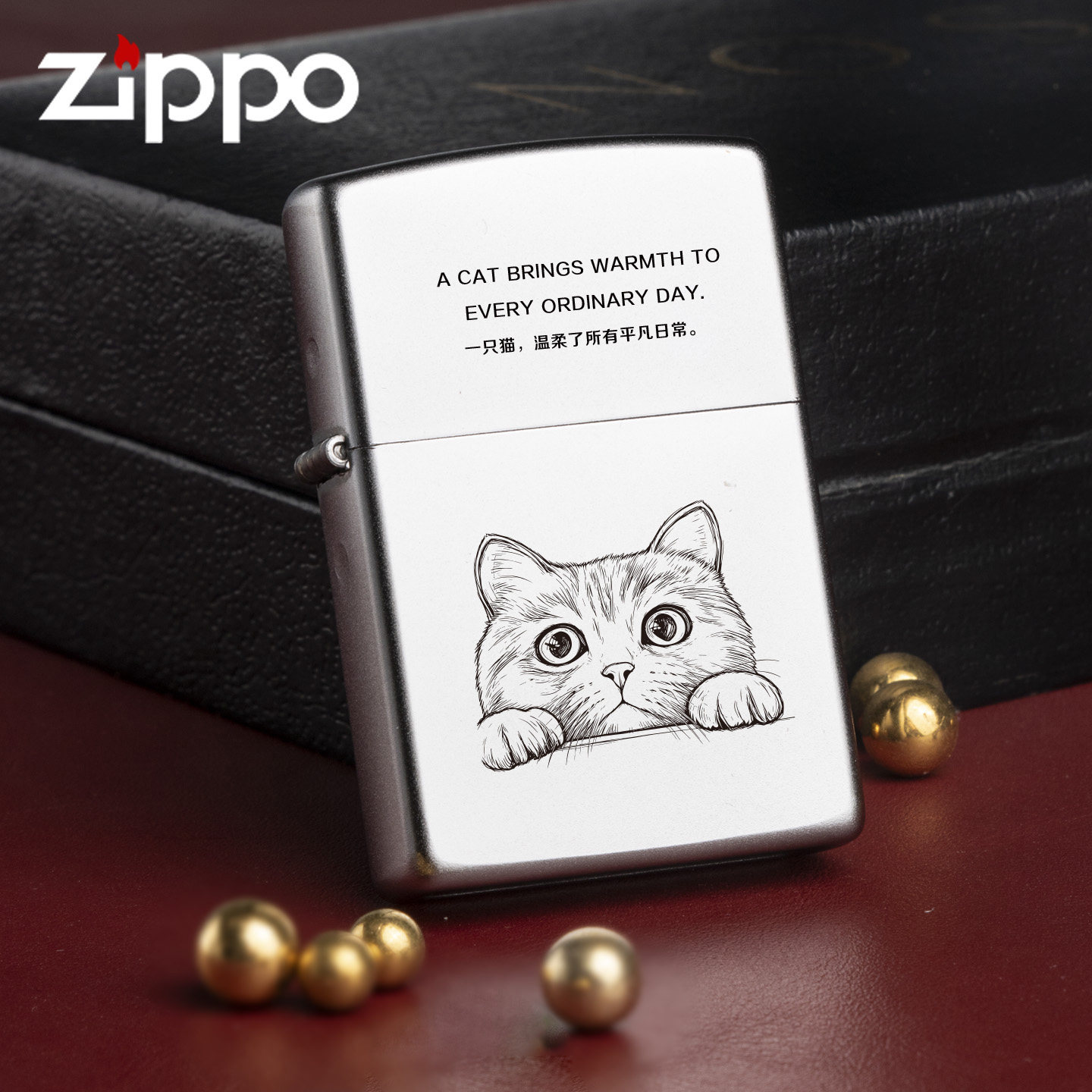 Zippo正品银色卡通猫咪精雕煤油防风打火机可爱收藏七夕节日送礼