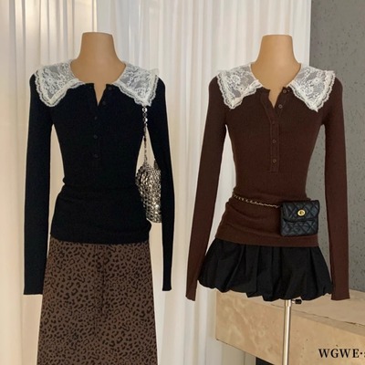 WGWE2025秋冬蕾丝领针织衫女长袖V领纽扣上衣设计感小香风打底衫