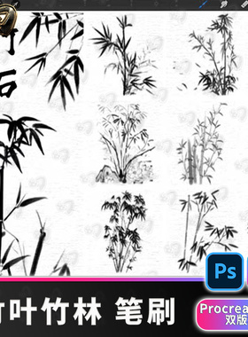中式新款上市竹叶竹林古风水墨国画插画素材procreate笔刷PS笔刷