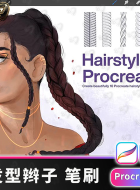 10个发型印章笔刷各种发型辫麻花procreate笔刷画笔插画IP笔刷