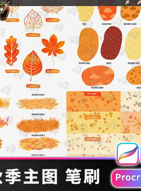 80个秋季主题图案纹理落叶树叶procreate笔刷procrete画笔插画