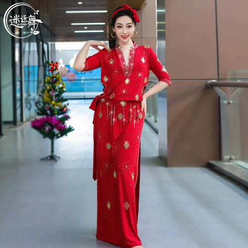迷迭舞原创新款2026肚皮舞袍子年会红表演服练功服闪亮民俗演出服