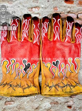 复古机车骑士摩托车手套烈火战车重油污做旧手绘牛皮电动车骑手