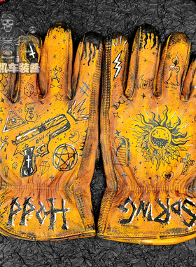 复古摩托车机车骑士手套众生平等重油污做旧手绘头层牛皮骑手哈雷