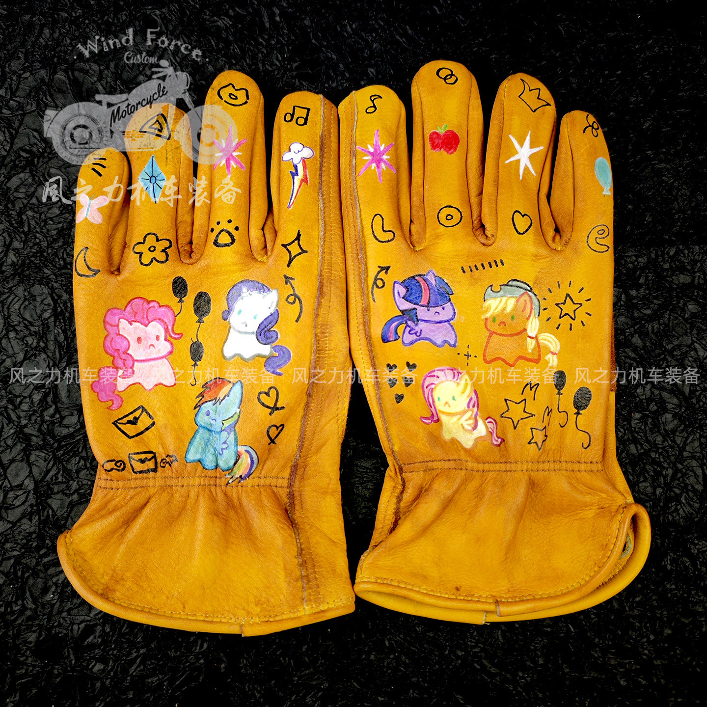 摩托车牛皮手套小马宝莉可爱卡通女生复古做旧骑行骑士电动车外卖