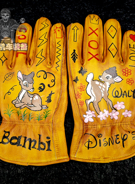 手绘头层牛皮手套小鹿斑比可爱卡通女生复古做旧骑行摩托车骑士