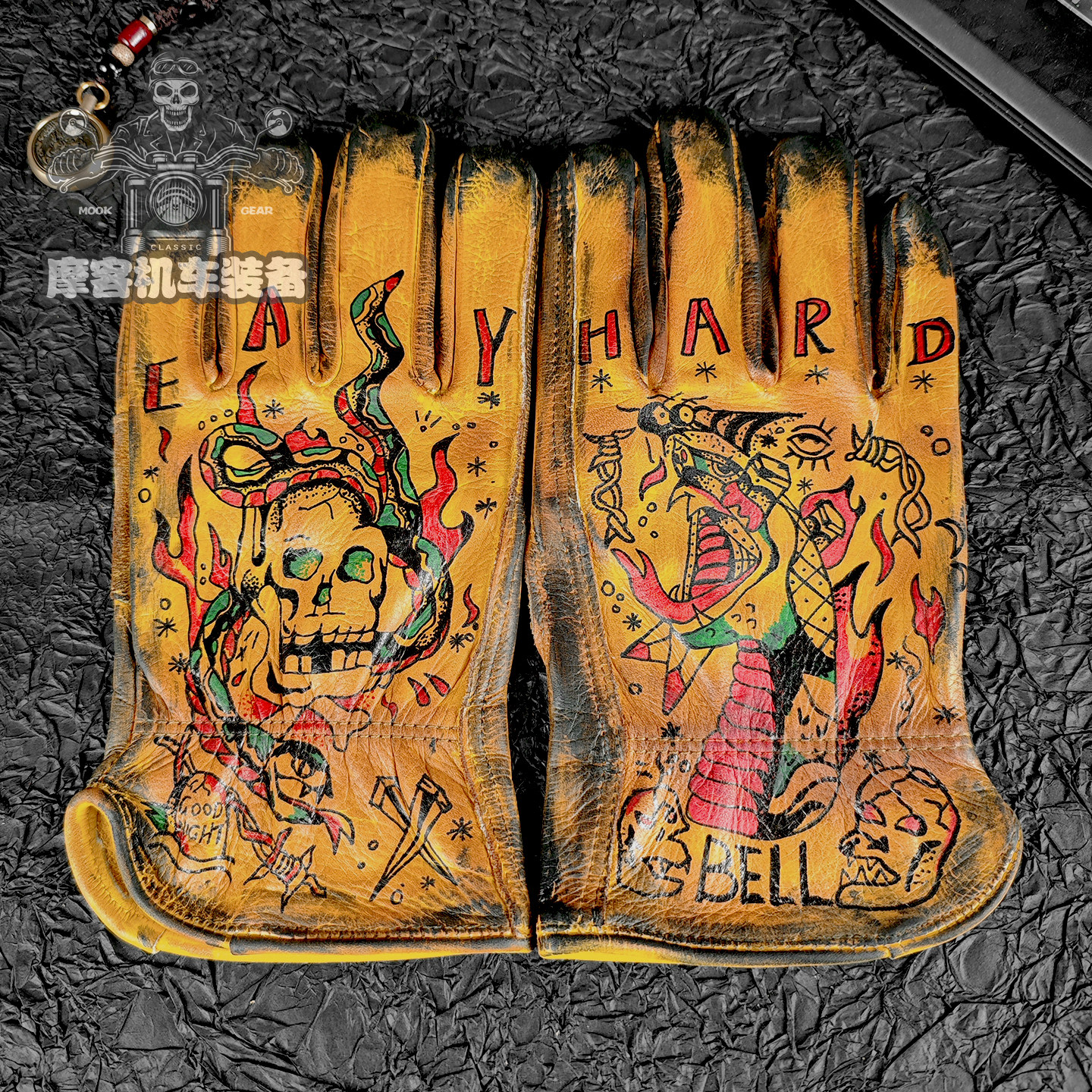 复古做旧机车手套头层牛皮重油污骷髅蛇男女款骑行摩托车四季手套