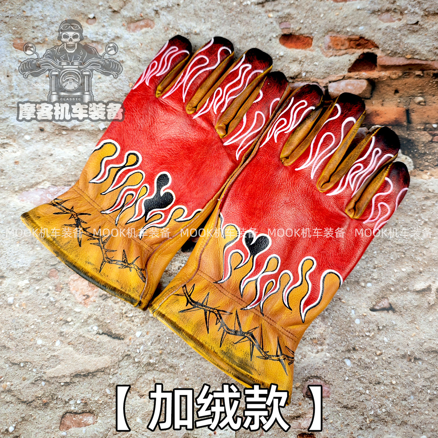 复古机车骑士摩托车手套烈火战车重油污做旧手绘牛皮加绒保暖四季
