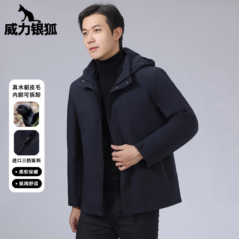 帽子款水貂内胆派克服男皮毛一体