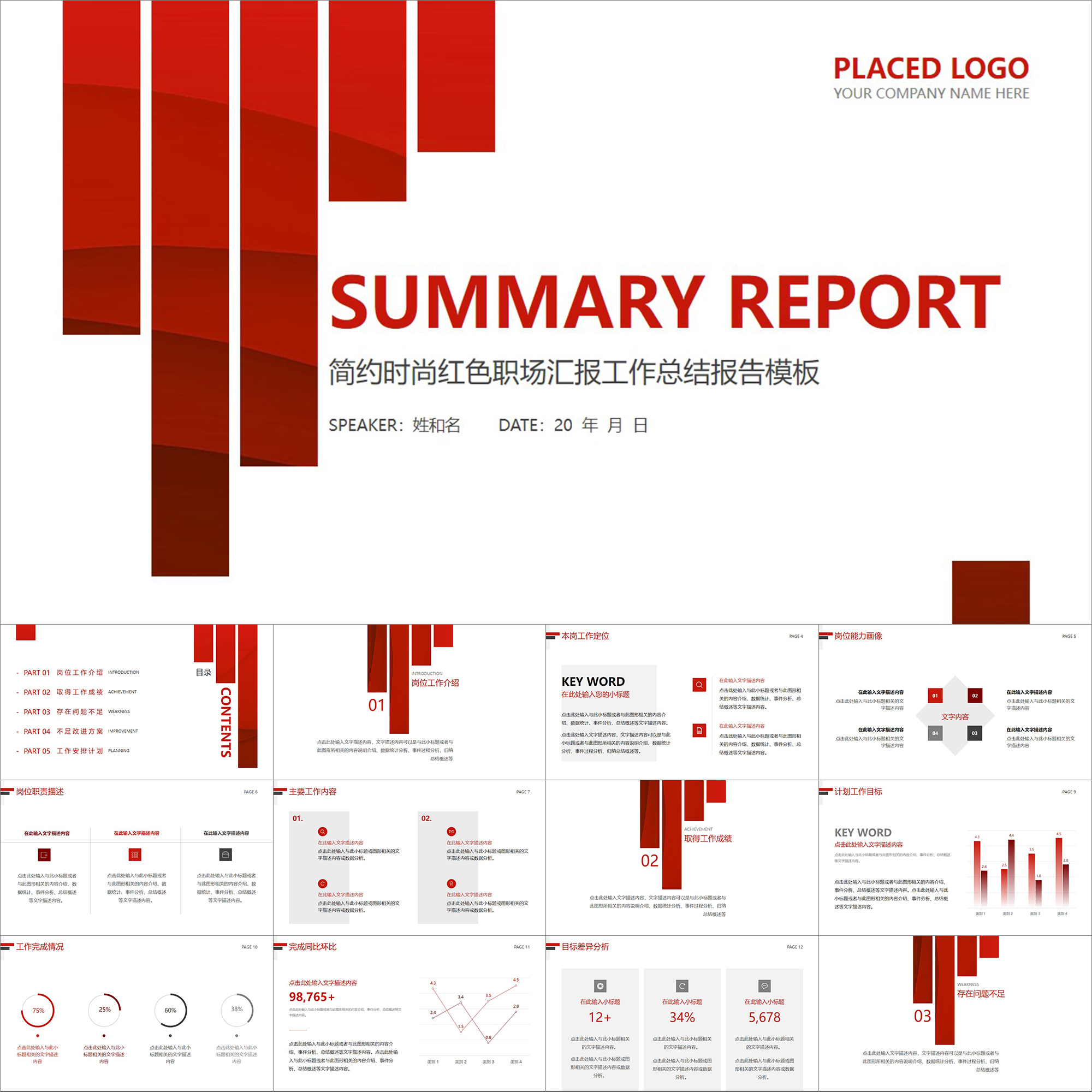 【动态PPT】简约时尚现代风红色职场汇报工作总结报告模板PPT模板
