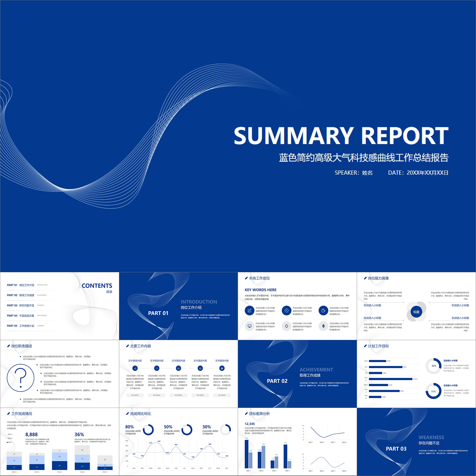 【动态PPT】蓝色简约高级大气科技感曲线工作总结年终汇报PPT模板