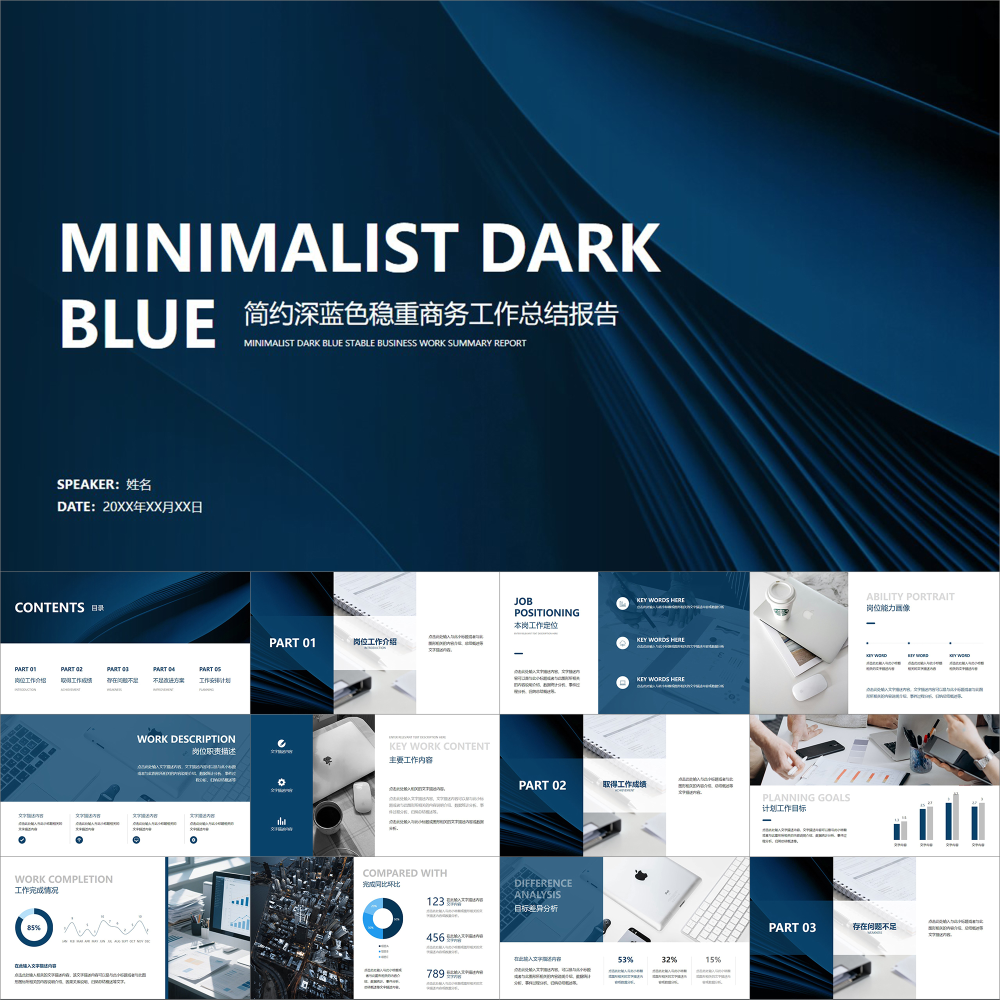 【动态PPT】简约深蓝色稳重商务工作总结报告月季年度汇报PPT模板