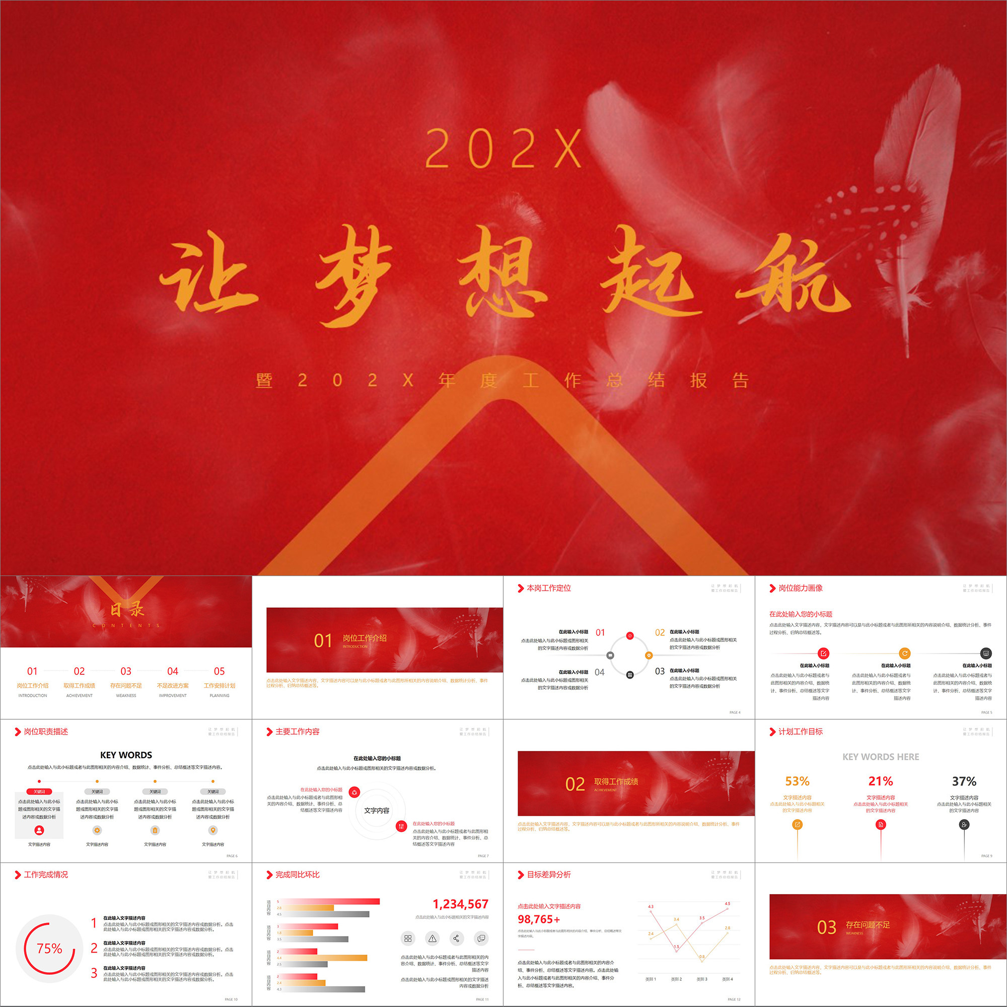 【动态ppt】金红黄梦想起航羽毛总结汇报年终工作述职报告ppt模板