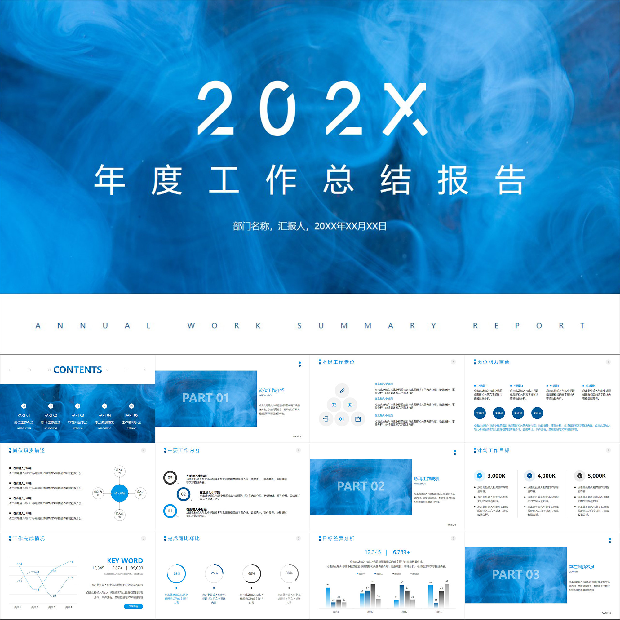 【动态ppt】深蓝色简约稳重大气工作总结年终述职年度报告ppt模板