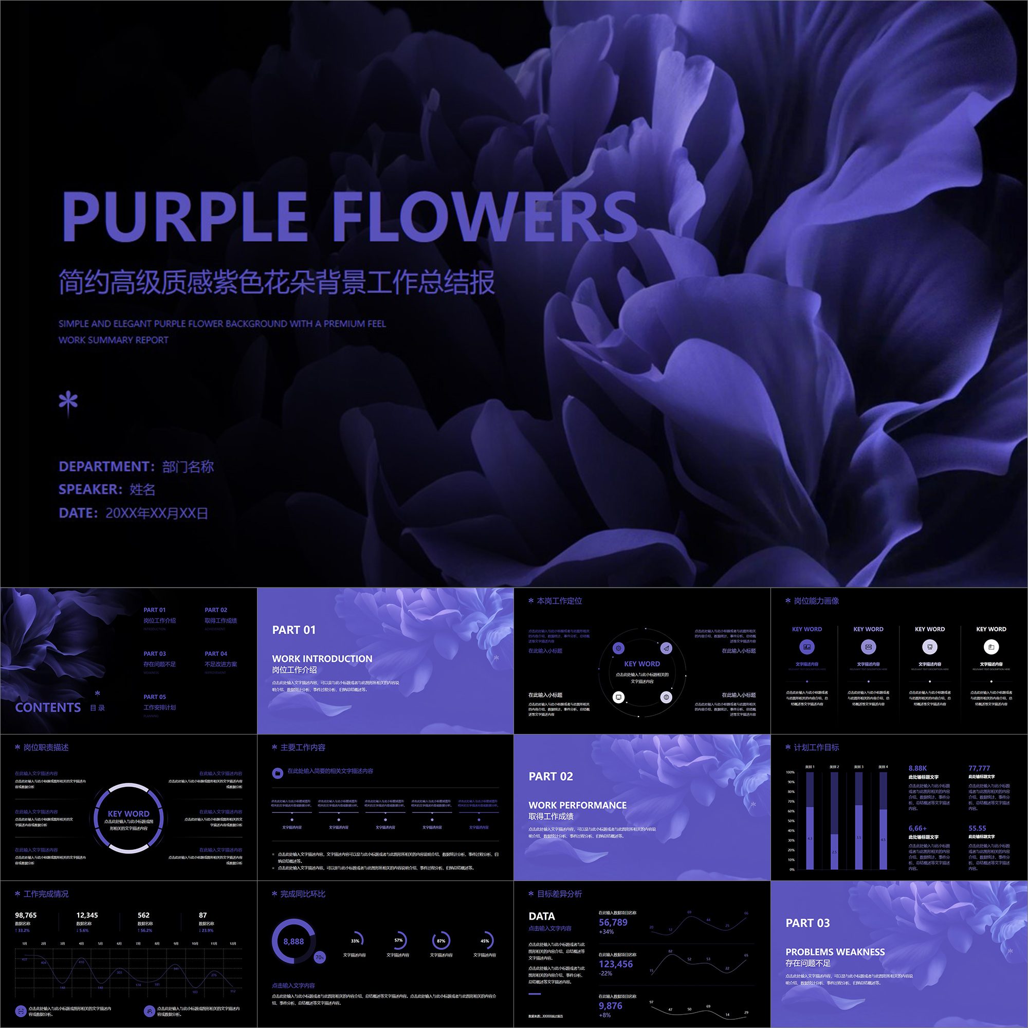 【动态PPT】简约高级精致深紫色花朵背景工作总结年终汇报PPT模板