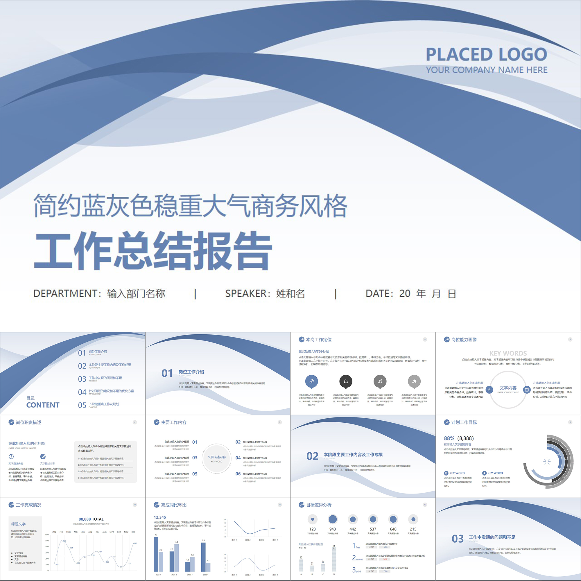 【动态PPT】简约蓝灰曲线稳重商务风工作总结述职汇报报告PPT模板