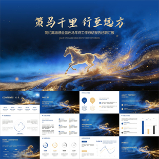 【动态PPT】简约高级感金蓝色马年终工作总结报告述职汇报PPT模板
