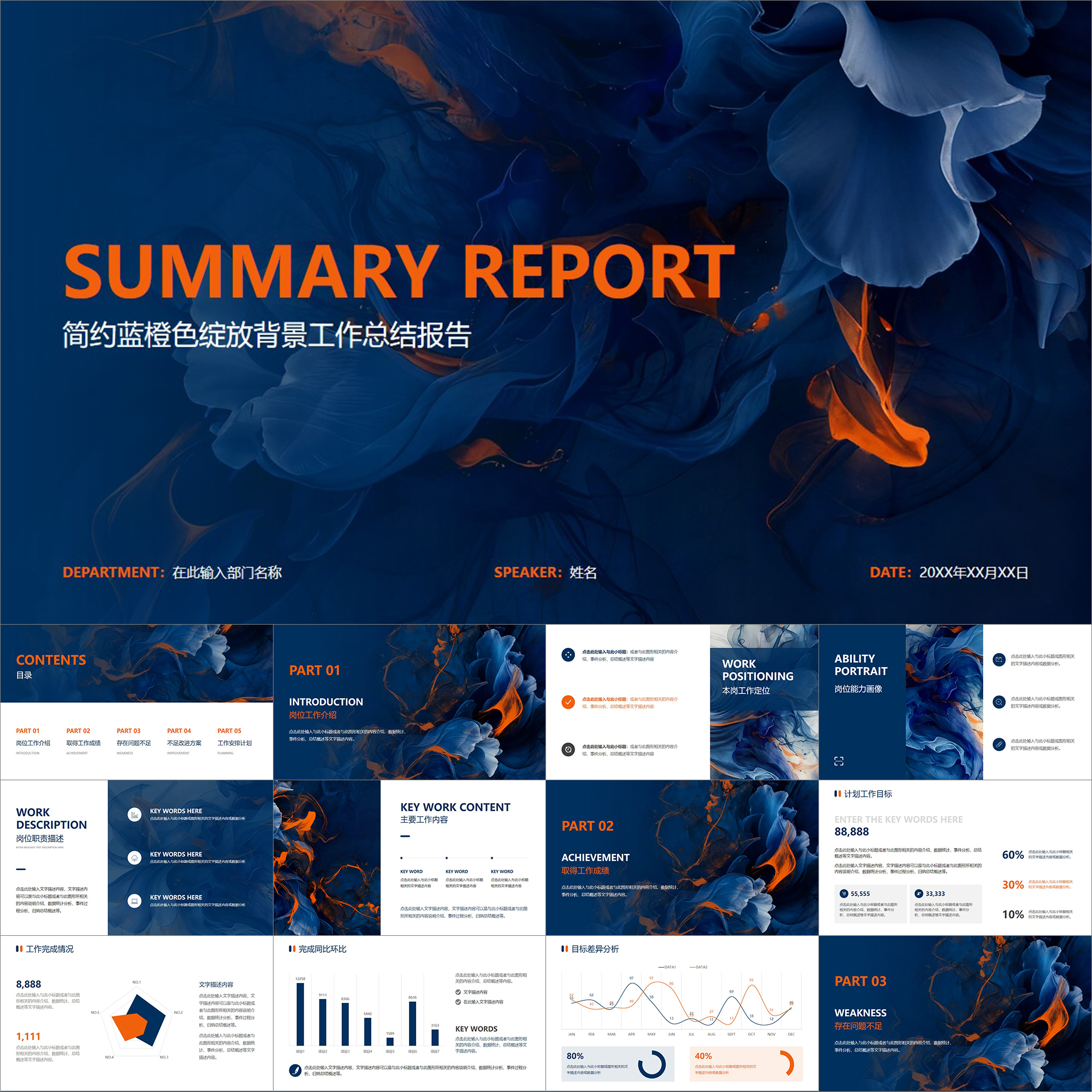 【动态PPT】简约简洁蓝橙色绽放背景工作总结报告述职竞聘PPT模板