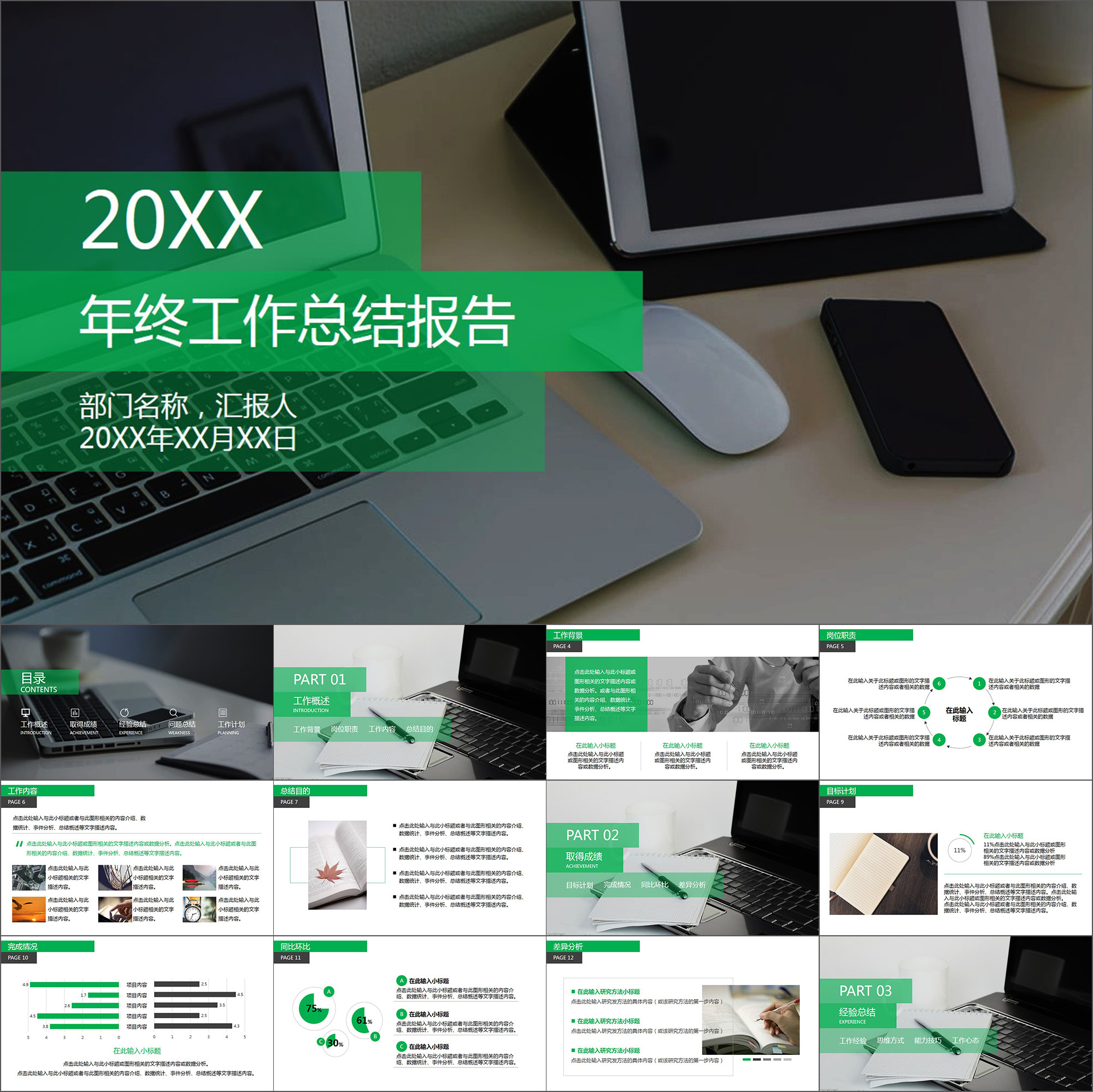 【动态PPT】商务大气扁平化绿色简约年终汇报工作总结动画PPT模板