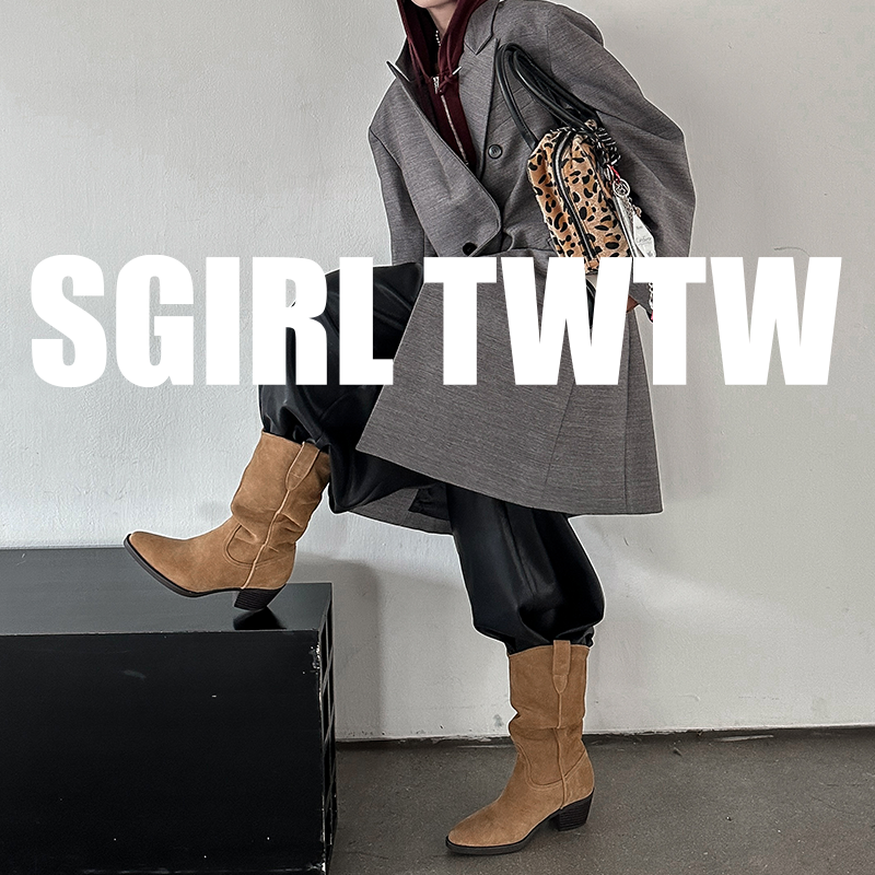 M119-1 SGIRL TWTW女鞋气质高跟短靴英伦厚底尖头显瘦复古褶皱靴