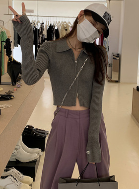 羽迹EAL复古双拉链polo领针织开衫外套女早春设计感长袖打底毛衣