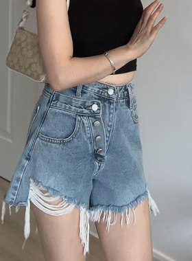 2025年夏季时尚不规则毛须边高腰牛仔短裤热裤女浅蓝色辣妹潮裤