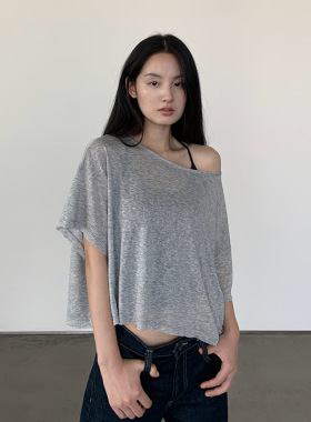 松弛慵懒感斜肩莱赛尔短袖T恤女新款微透轻薄遮肉显瘦露肩上衣