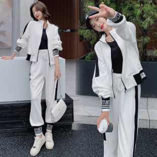 新款 两件套运动休闲套装 欧货时尚 卫衣休闲裤 女 撞色短款 2021早秋季