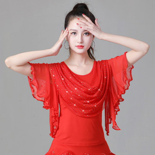 新款拉丁舞蹈服广场舞服装网纱荷叶上衣成人女摩登舞交谊舞练功服