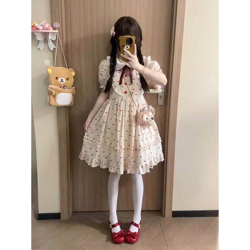 气少女碎花公主裙女夏季新款娃娃领泡泡袖收腰小个子显瘦连衣裙