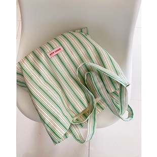 南法夏日复古条纹单肩包 绿色帆布包女轻便百搭布袋 小众设计法式