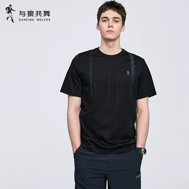 【条纹印花】与狼共舞短袖T恤男
