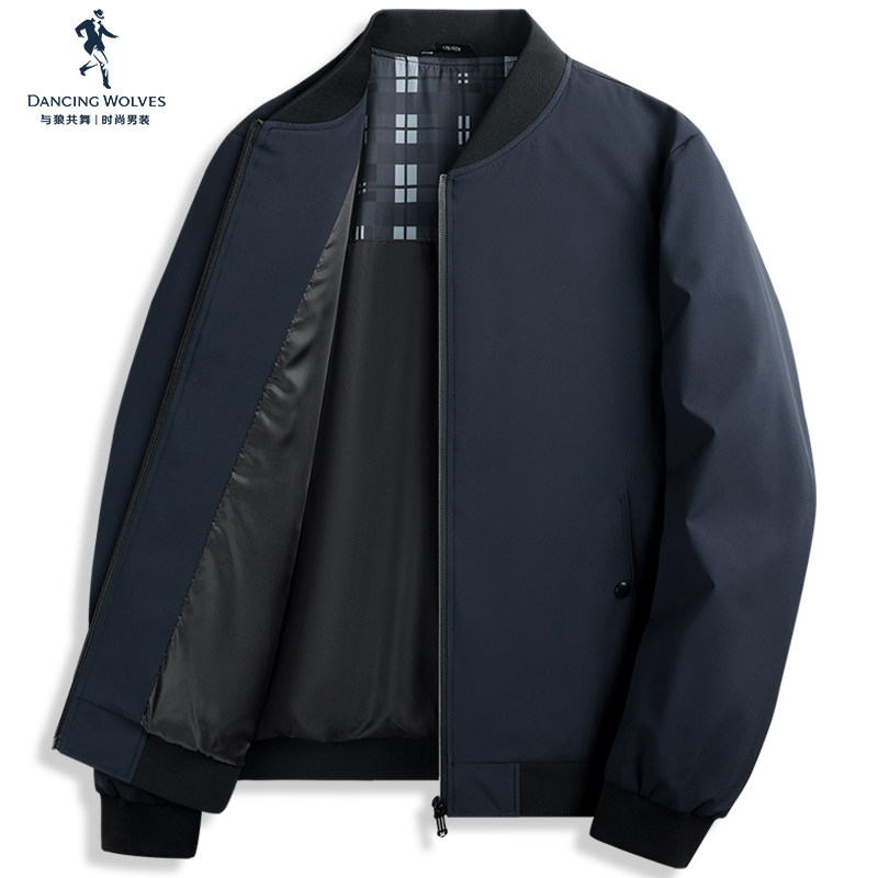 【格纹龟背】与狼共舞棒球领夹克男2023秋季新款纯色防风男装外套