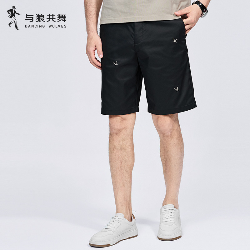 【凉感】与狼共舞休闲短裤男2026夏季新款刺绣弹力松紧腰五分裤子