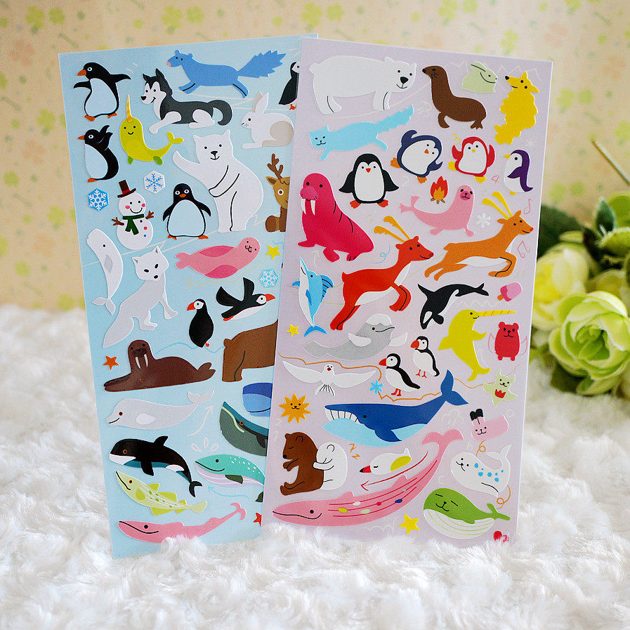 色彩动物大聚会北极熊海狮子鲸鱼斑马羊驼鹿猫狗老虎平面手帐贴纸