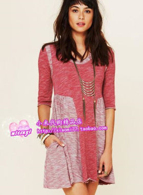 free people 正品 西瓜红高腰插袋中袖露背A字甜美连衣裙
