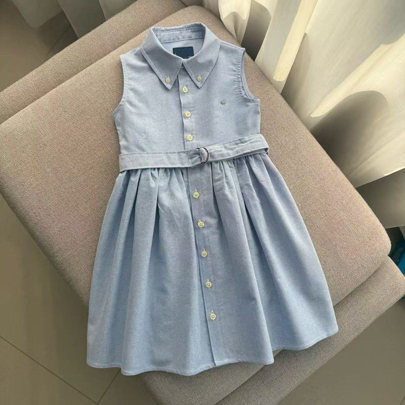 夏季新款女童简约大气经典翻领纯棉短袖腰带连衣裙学院风中大童