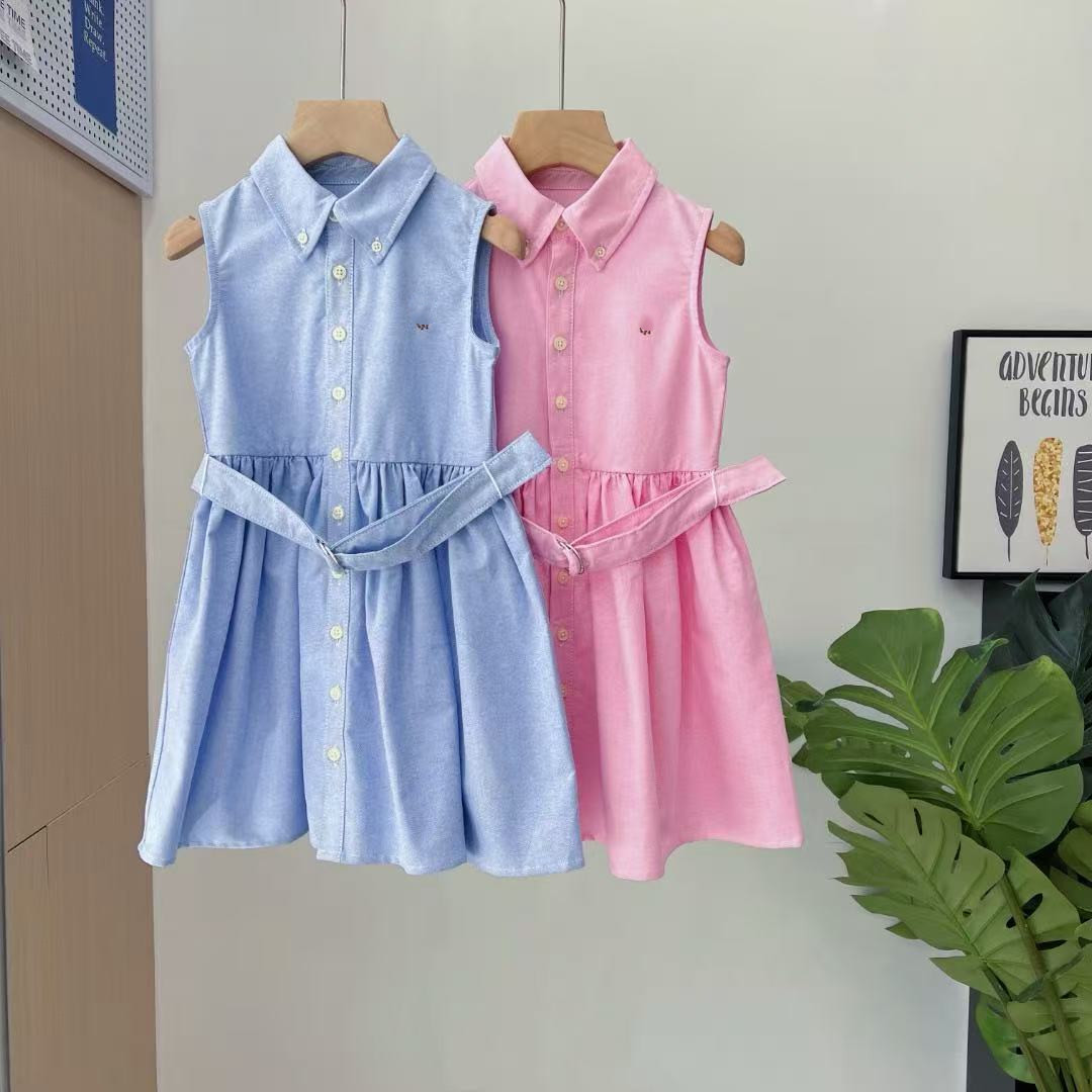 夏季新款女童简约大气经典翻领纯棉短袖腰带连衣裙学院风中大童