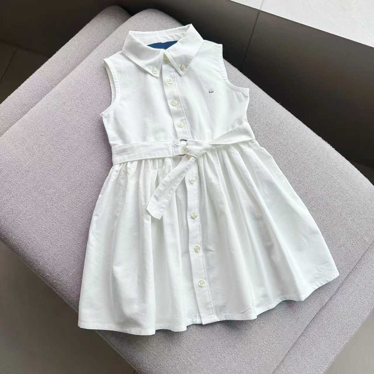 夏季新款女童经典翻领收腰纯棉牛津布连衣裙简单大方A字裙学院风