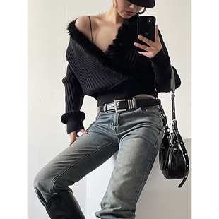 Acupstudio江右上 毛毛V领套头毛衣女新款秋冬宽松设计感针织上衣